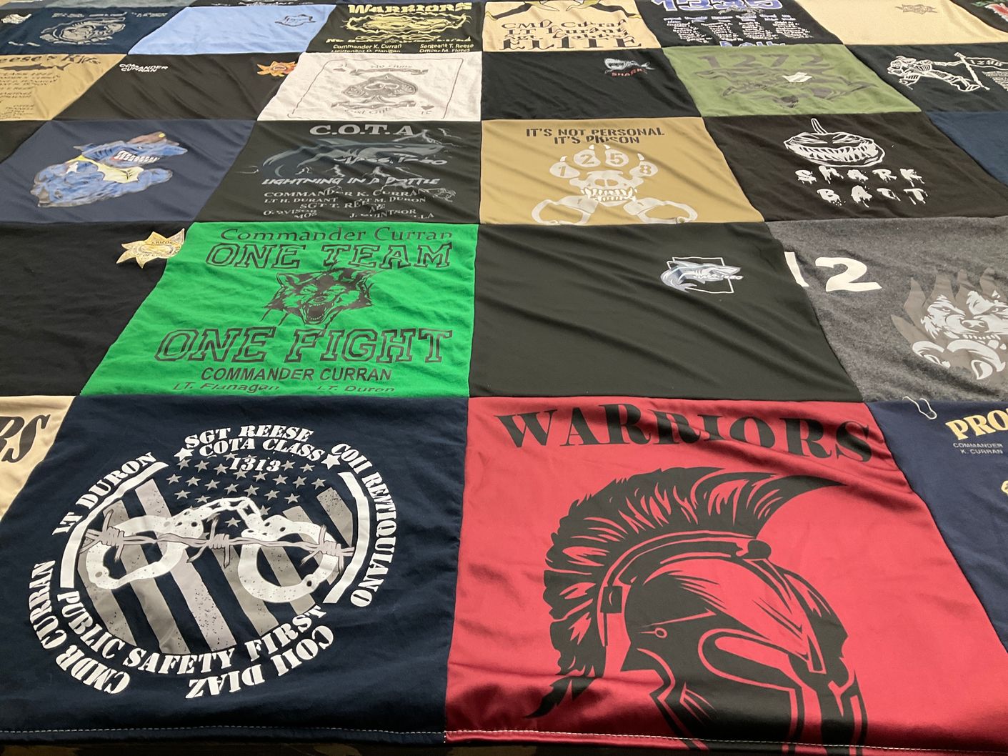 T-shirt quilt with public safety, fire services themes by Kevin from AZ