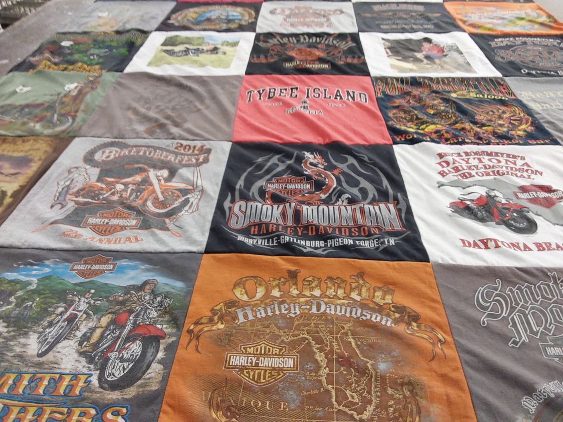 T-shirt quilt with motorcycles, biking themes by Teresa from TN