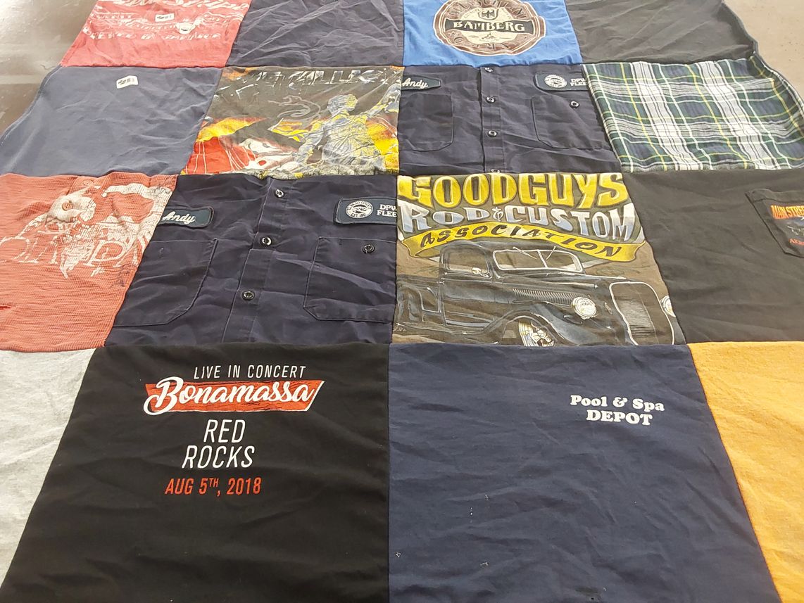 T-shirt quilt with music, cars themes by Cynthia from CO