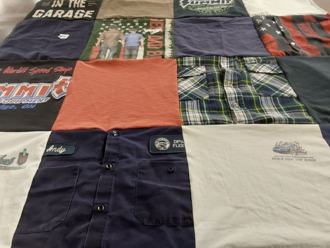 T-shirt quilt with automotive, outdoors themes by Cynthia from CO