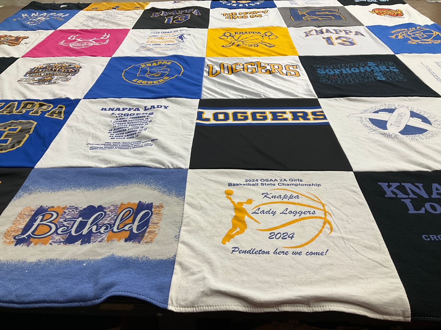T-shirt quilt featuring knappa lady loggers by Rachel from OR