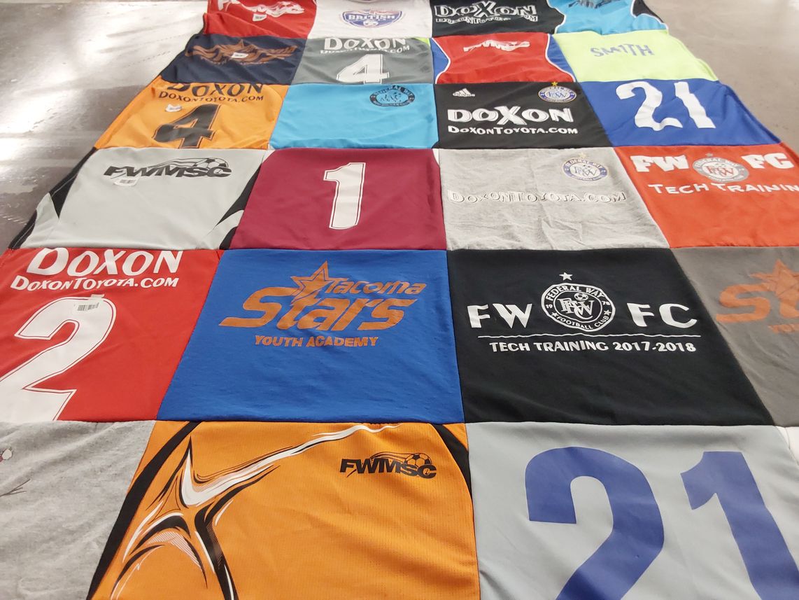 T-shirt quilt with soccer, youth sports themes by Brandy from WA
