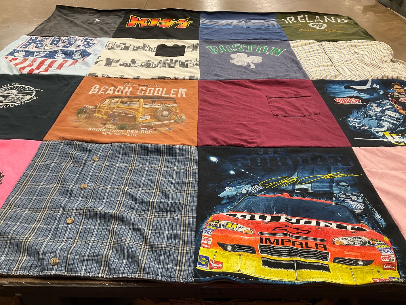 T-shirt quilt with music, travel themes by Diane from CA
