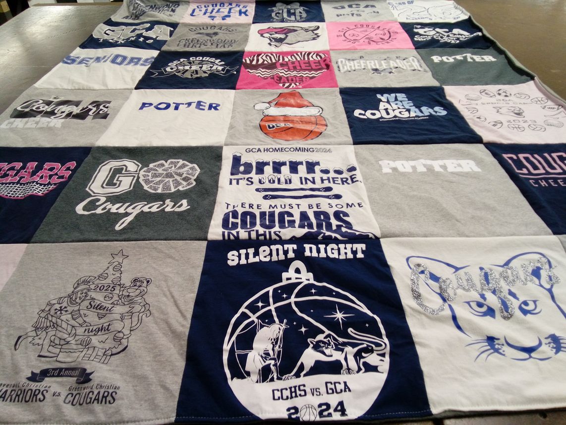 T-shirt quilt featuring greenwood christian academy cougars by Kristi from IN