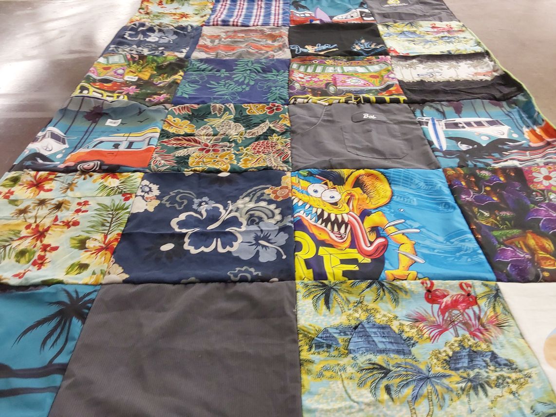 T-shirt quilt with tropical, beach themes by Carrie from CA