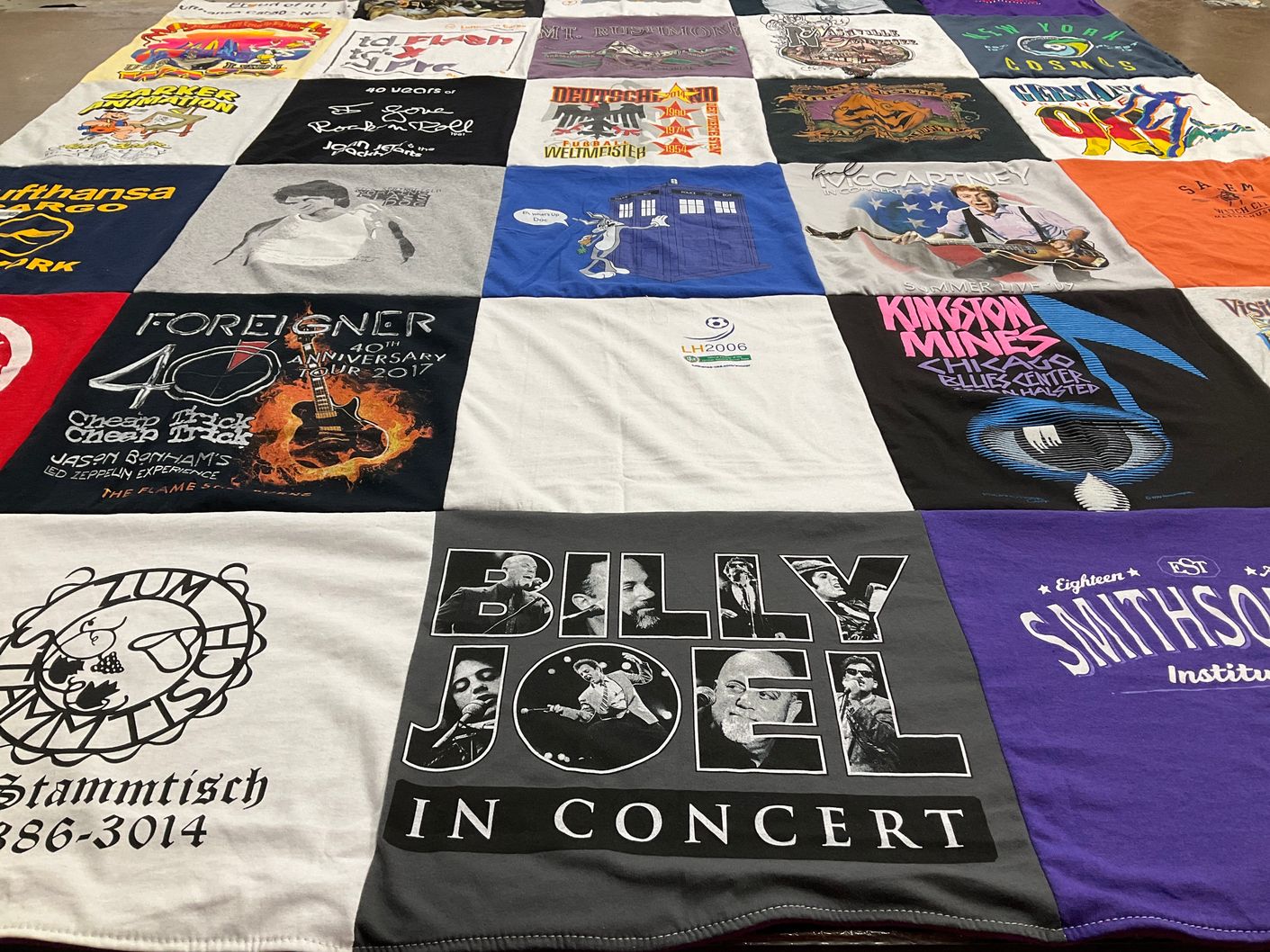 T-shirt quilt with music, concerts themes by susanne from NY