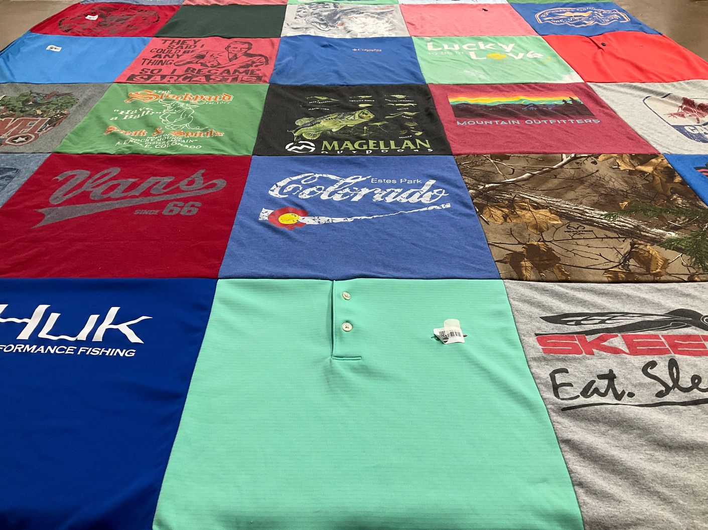 T-shirt quilt with outdoor activities, fishing themes by Jennifer from TX