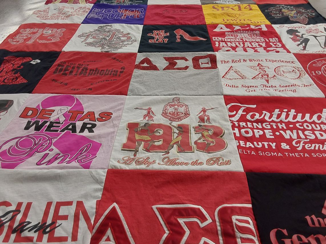 T-shirt quilt with sorority, sisterhood themes by Alethia from GA