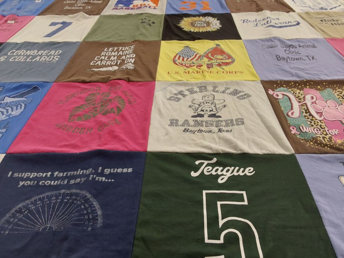 T-shirt quilt with gardening, farming themes by Kathy from TX