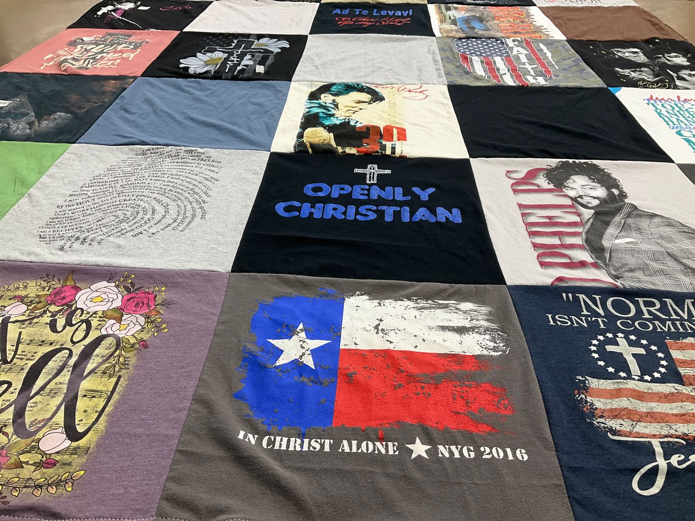T-shirt quilt with faith, christianity themes by Kathy from TX