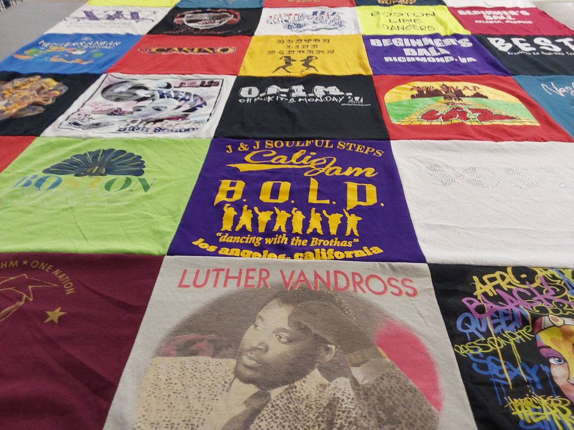 T-shirt quilt with dance, music themes by Sharon from MA