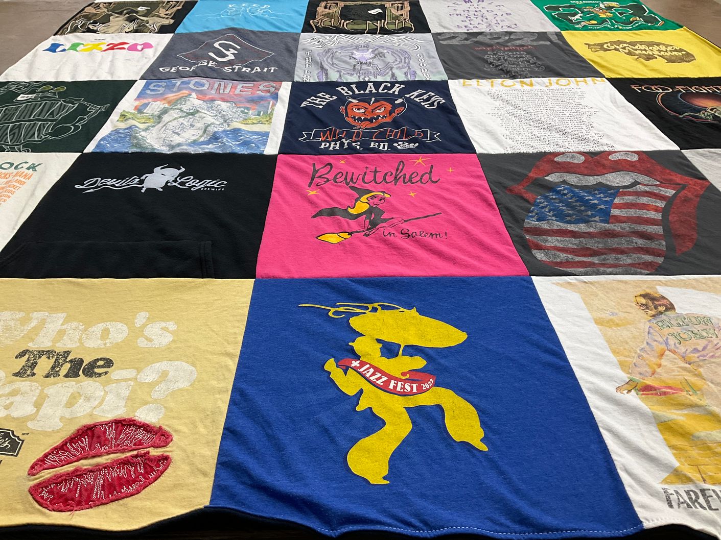 T-shirt quilt with music, festivals themes by Julie from NC