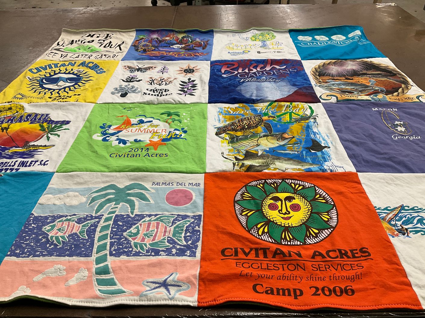 T-shirt quilt with outdoor activities, summer fun themes by Phil from NC