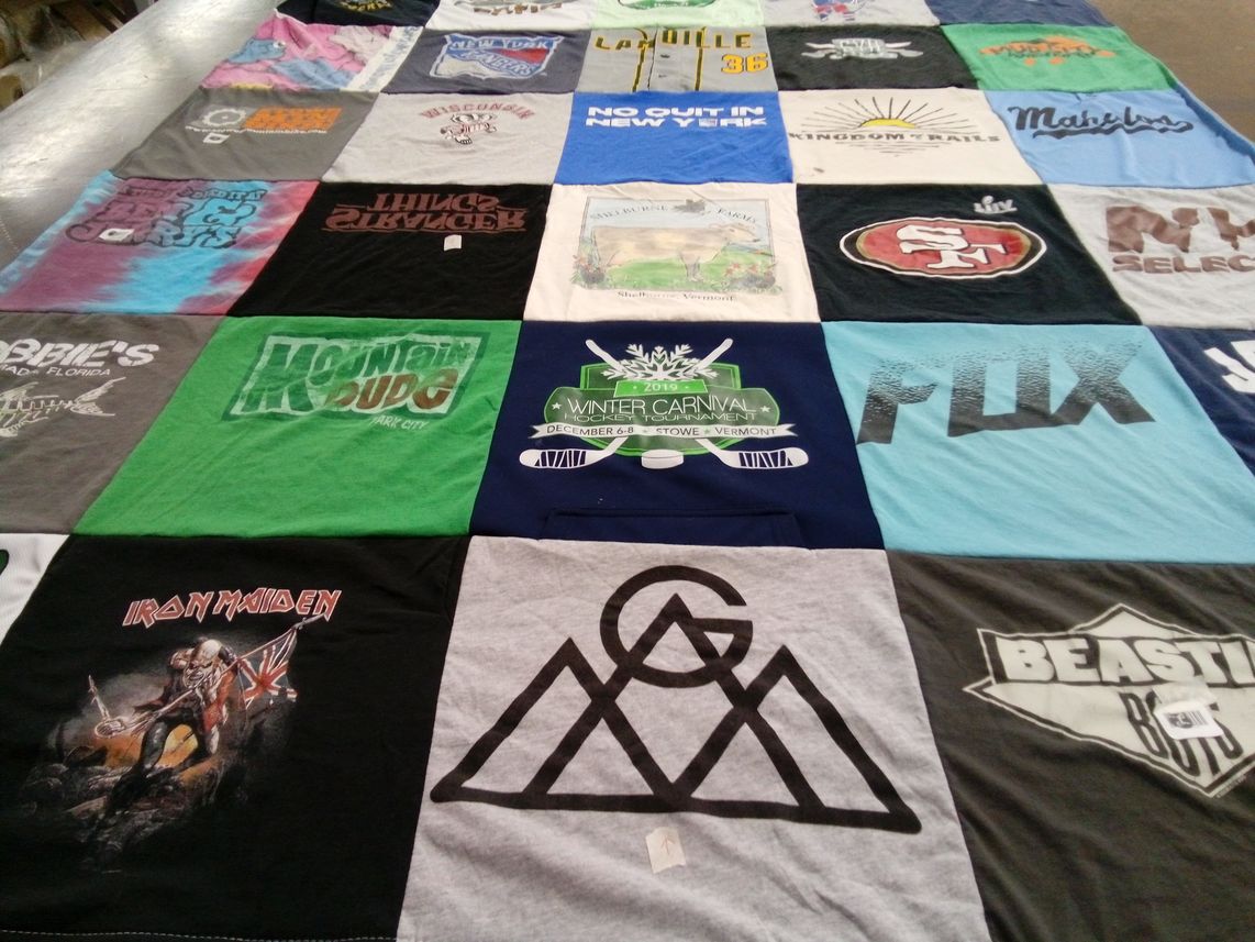 T-shirt quilt with music, outdoors themes by Audra from VT