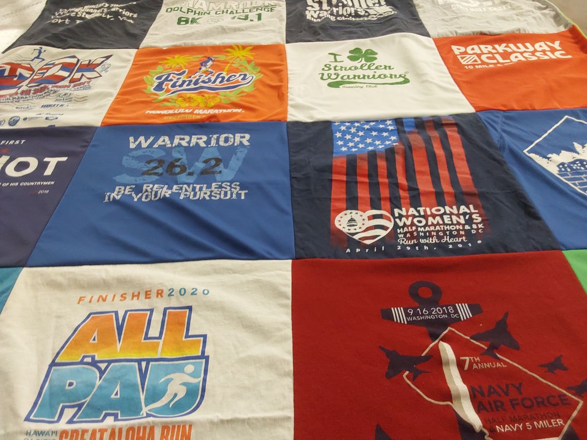 T-shirt quilt with running, marathons themes by Sarah from CT