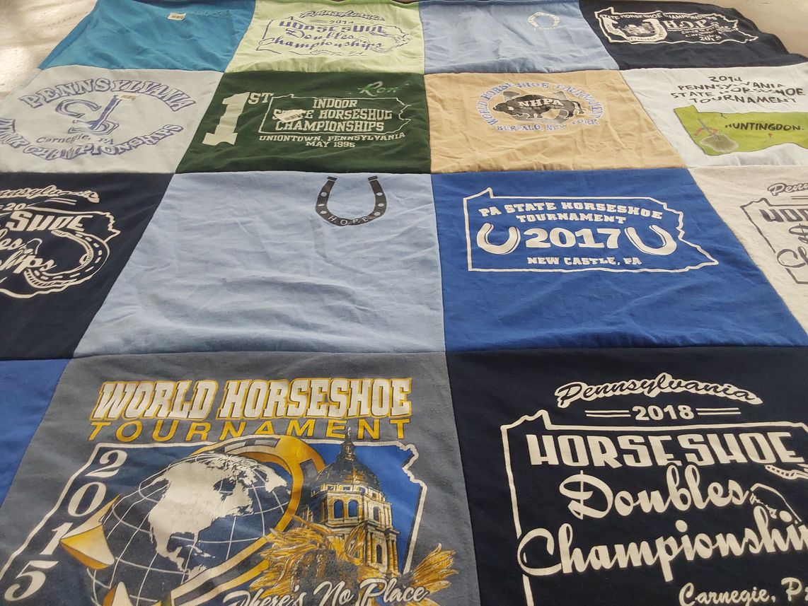 T-shirt quilt with horseshoe pitching, sports themes by Sue from PA