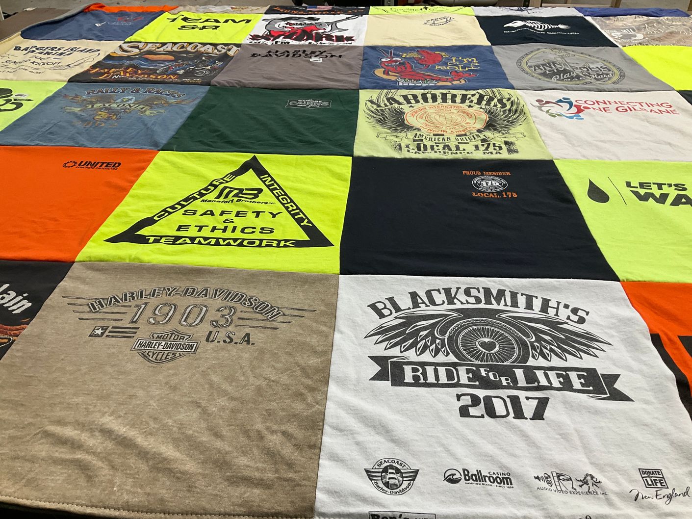 T-shirt quilt with motorcycles, biking themes by Lynne from NH