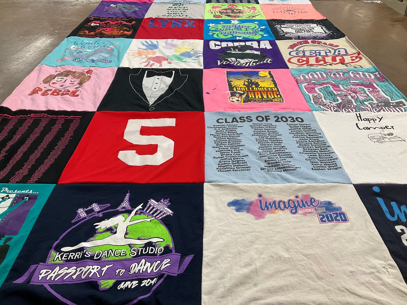 T-shirt quilt with dance themes by Dana from IA