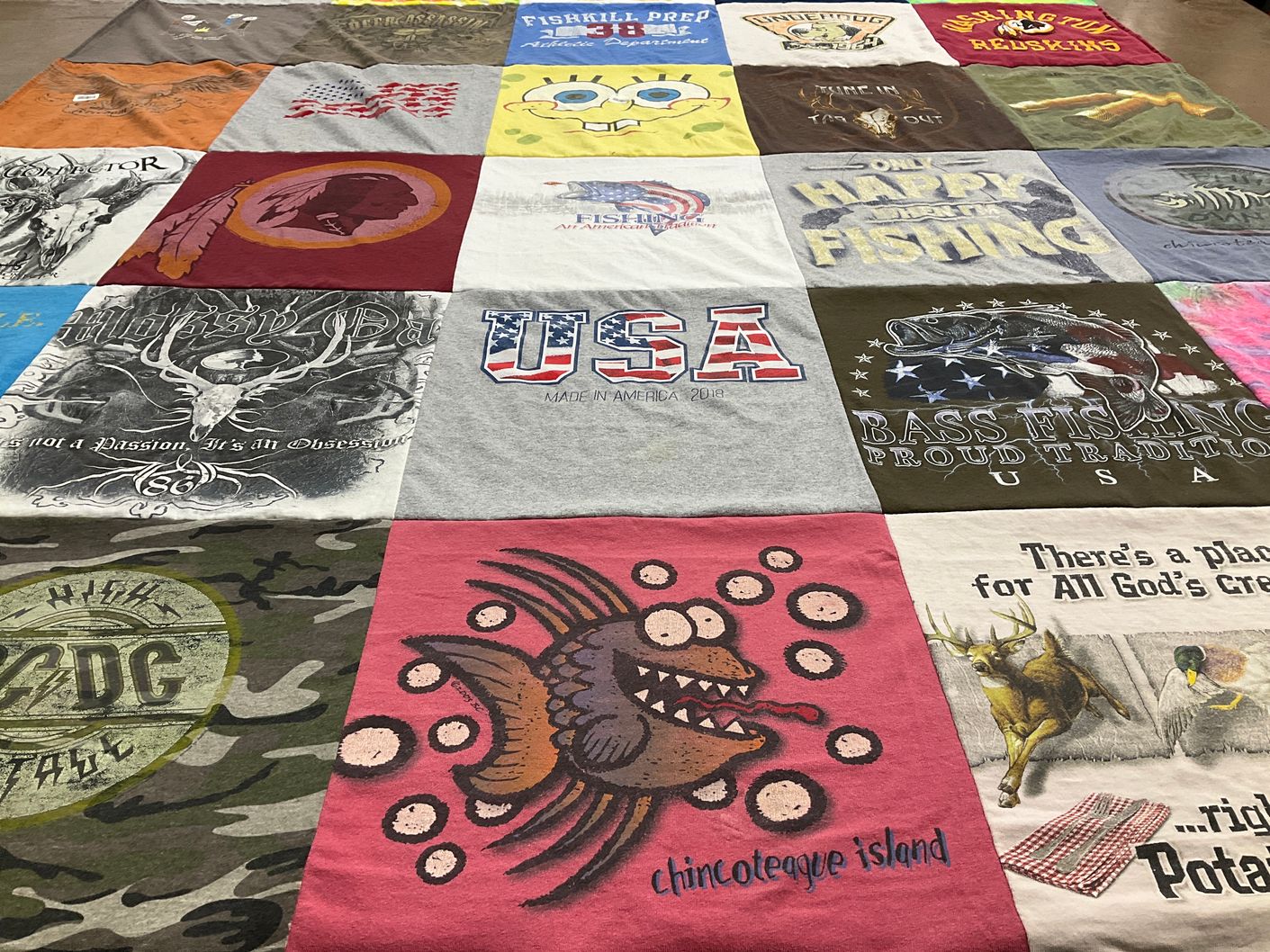 T-shirt quilt with fishing, hunting themes by Dawn from PA