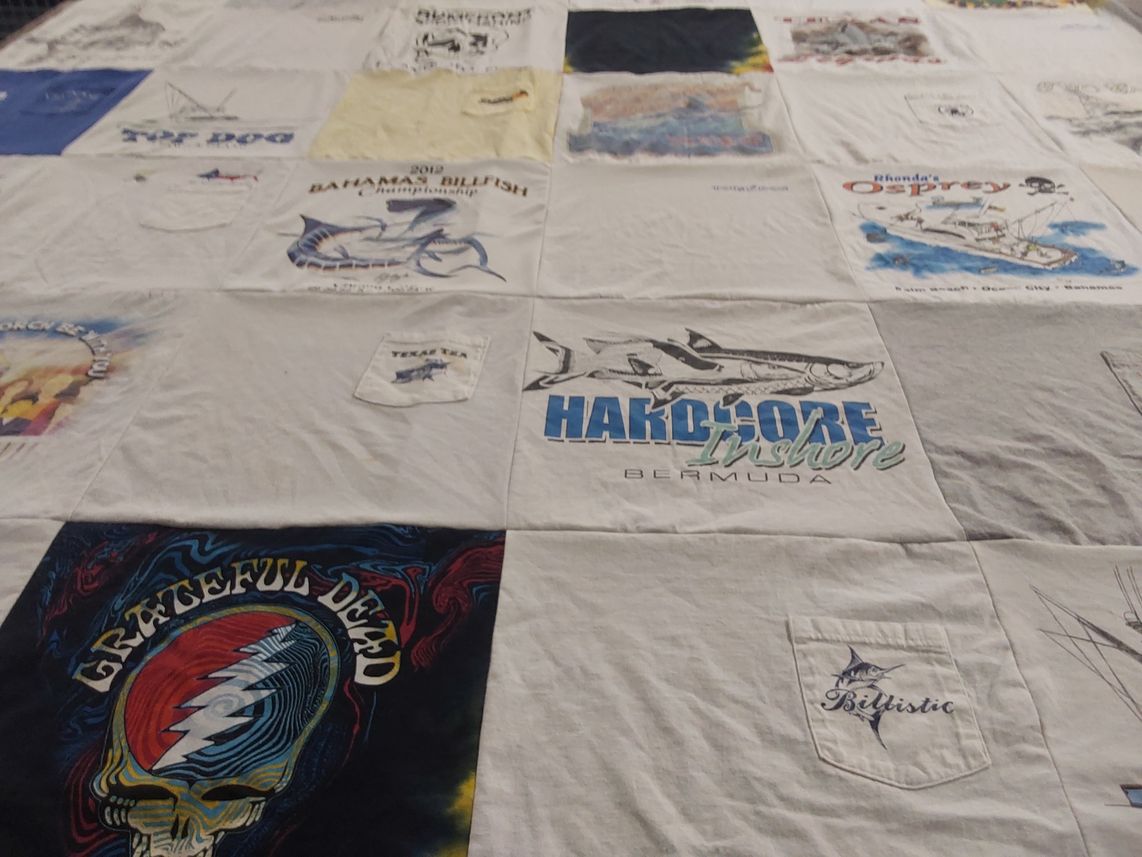 T-shirt quilt with fishing, music themes by Caitlin from FL