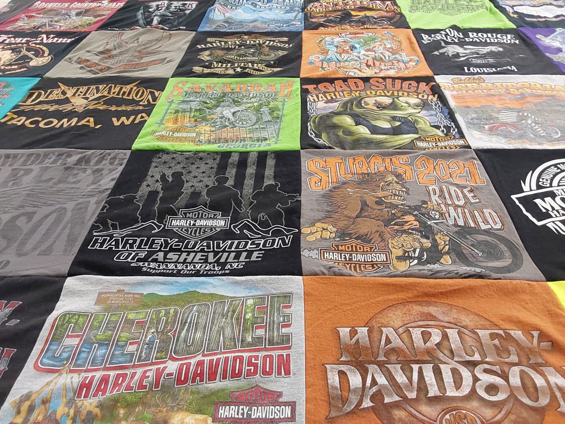 T-shirt quilt with motorcycles, biking themes by Sherrie from AZ