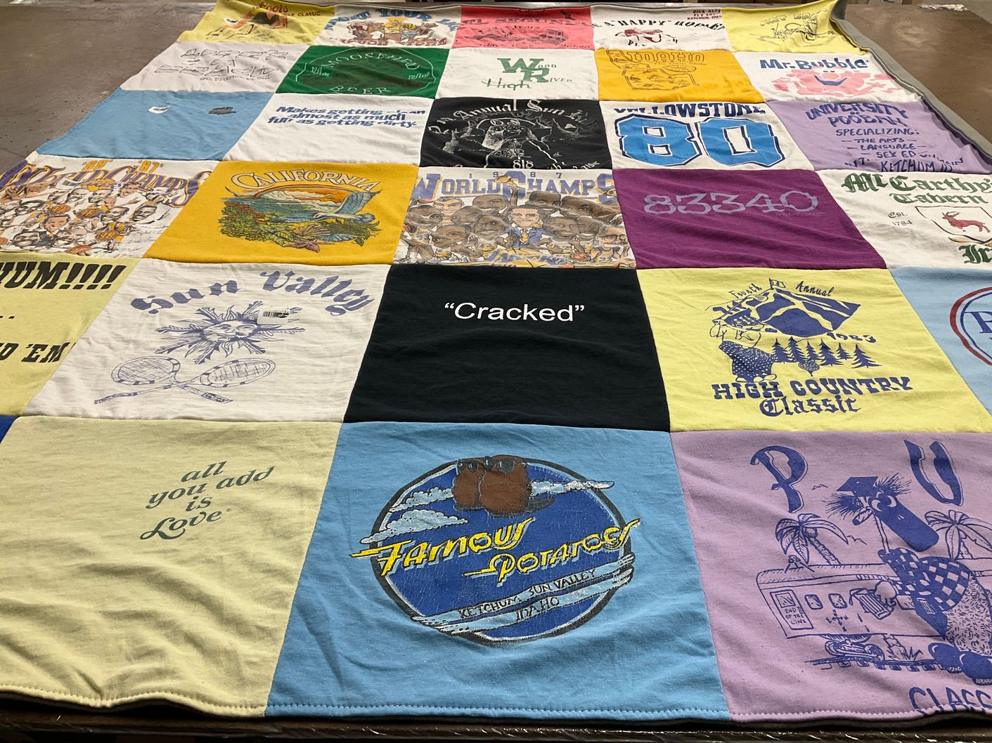 T-shirt quilt with outdoor activities, cooking themes by Susan from ID