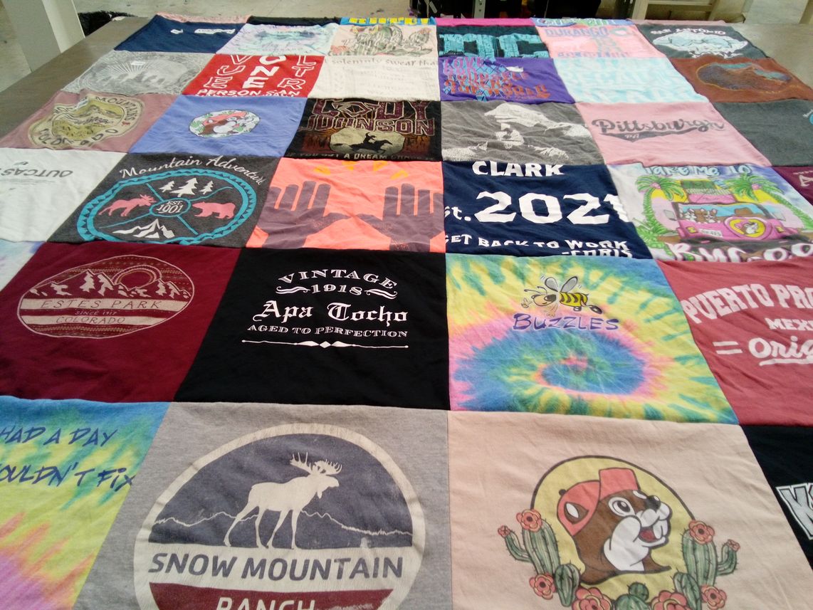 T-shirt quilt with outdoors, travel themes by Brandy from TX