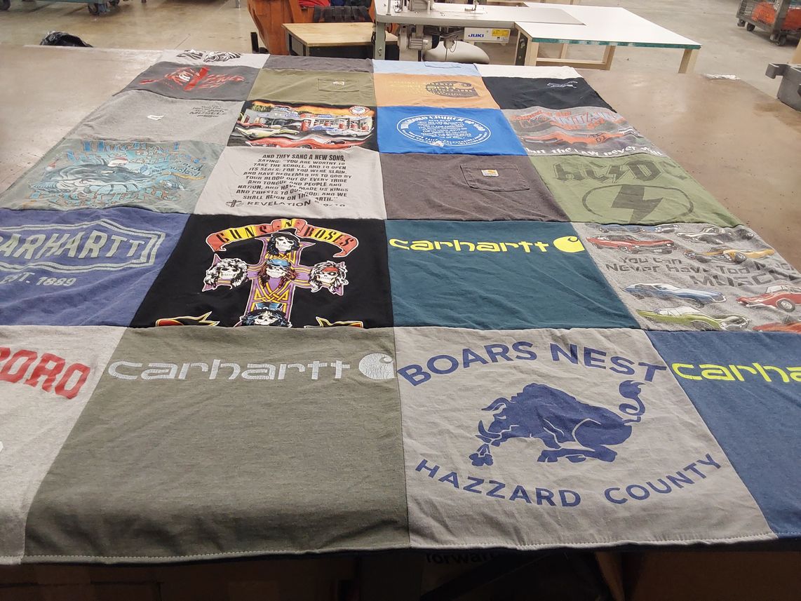 T-shirt quilt with music, automobiles themes by Shannon from OH
