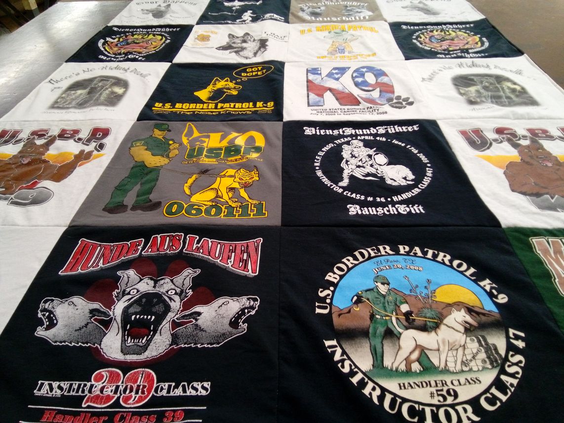 T-shirt quilt with dog training, border patrol themes by Robin from TX