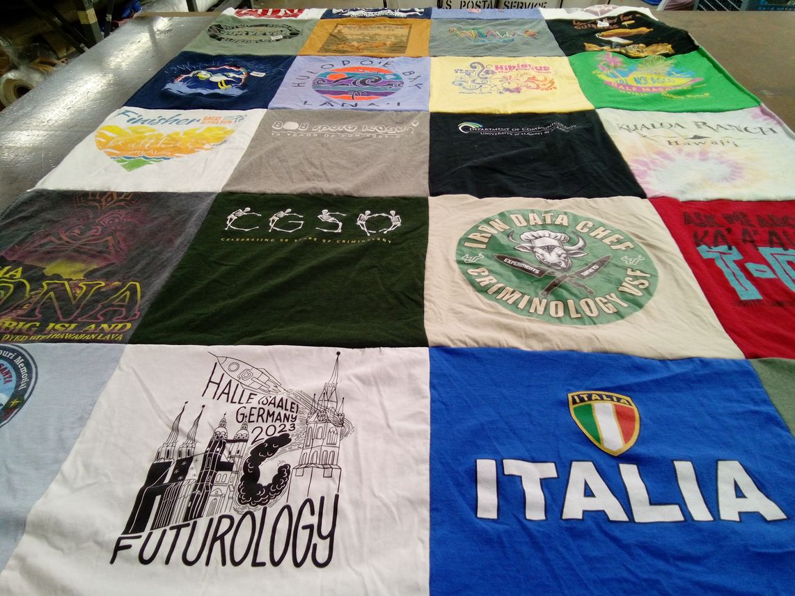 T-shirt quilt with travel, culinary themes by Katie from AR