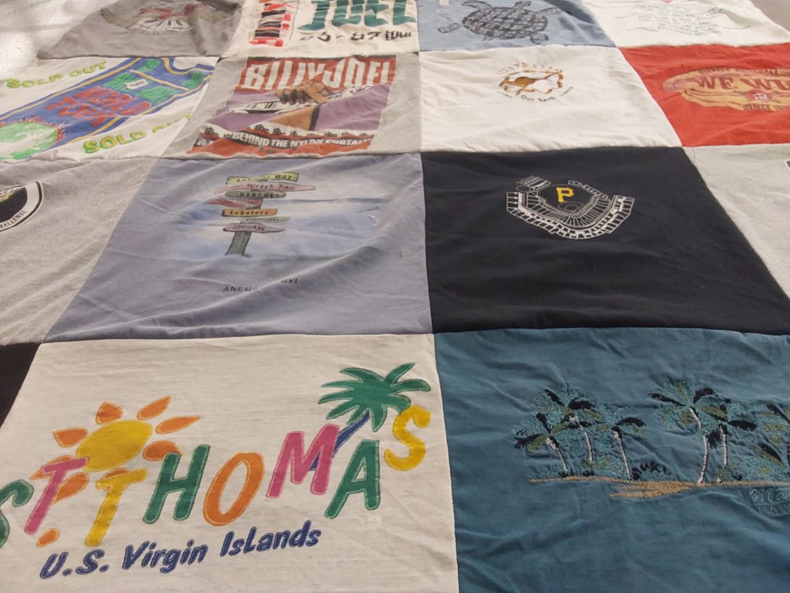 T-shirt quilt with travel, beaches themes by Pam from GA