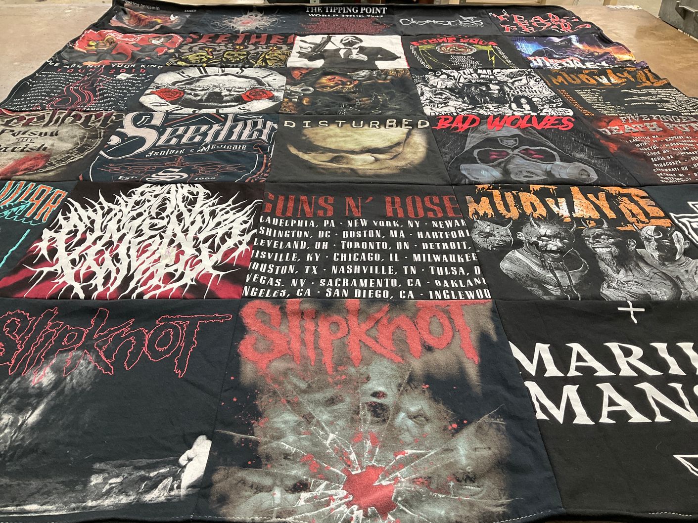 T-shirt quilt with music, rock themes by Carrie from CA