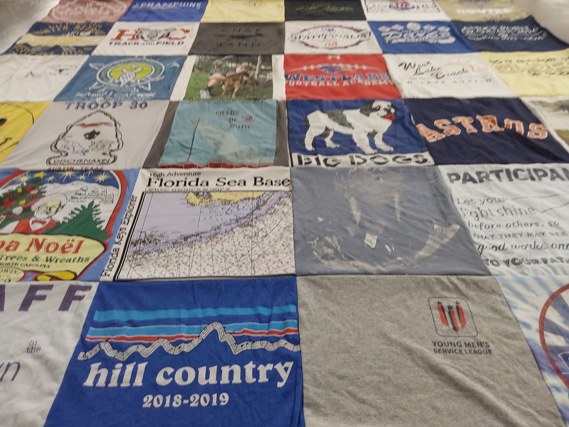 T-shirt quilt with camping, outdoors themes by Andrea from TX