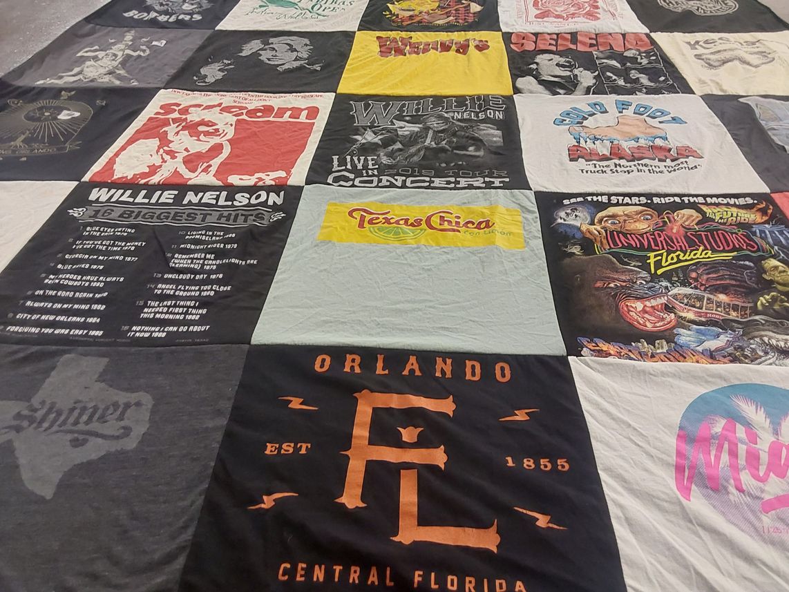 T-shirt quilt with music, entertainment themes by Alix from FL