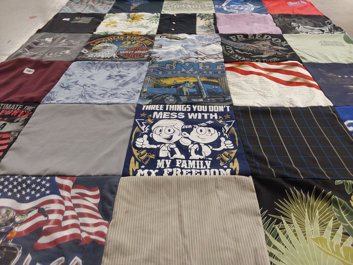 T-shirt quilt with motorcycles, patriotism themes by Marina from CA