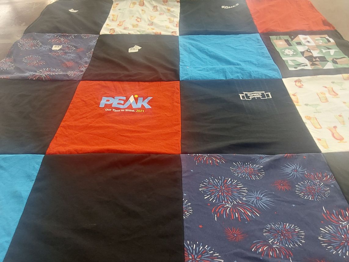 T-shirt quilt with fireworks, drinks themes by Gail from TX