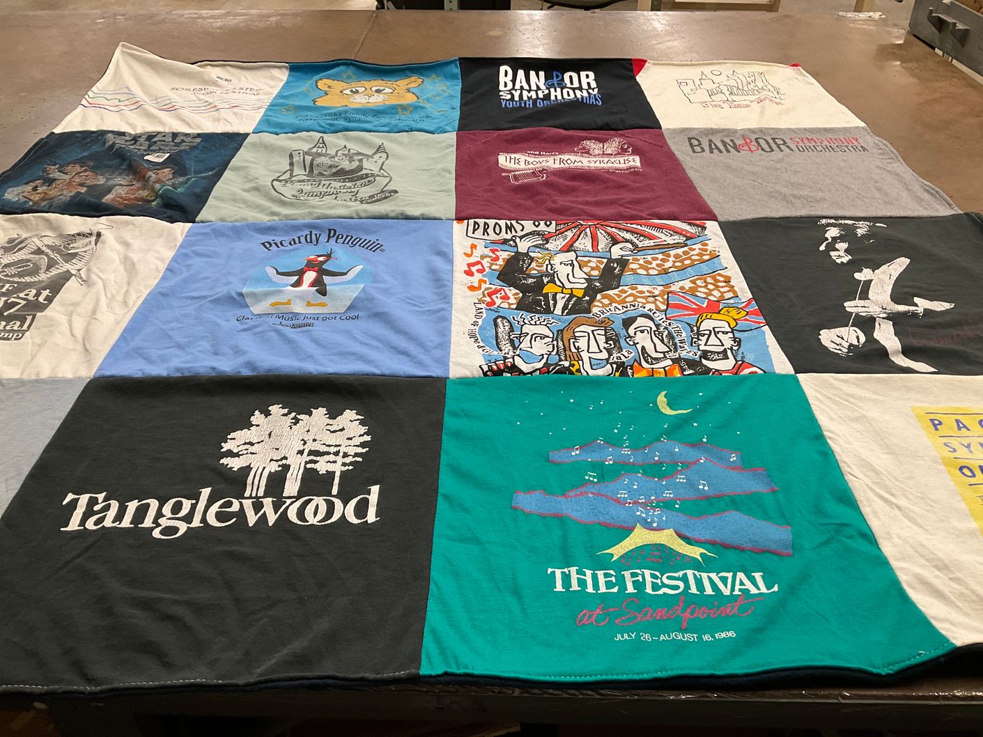 T-shirt quilt with music, theater themes by Lucas from ME