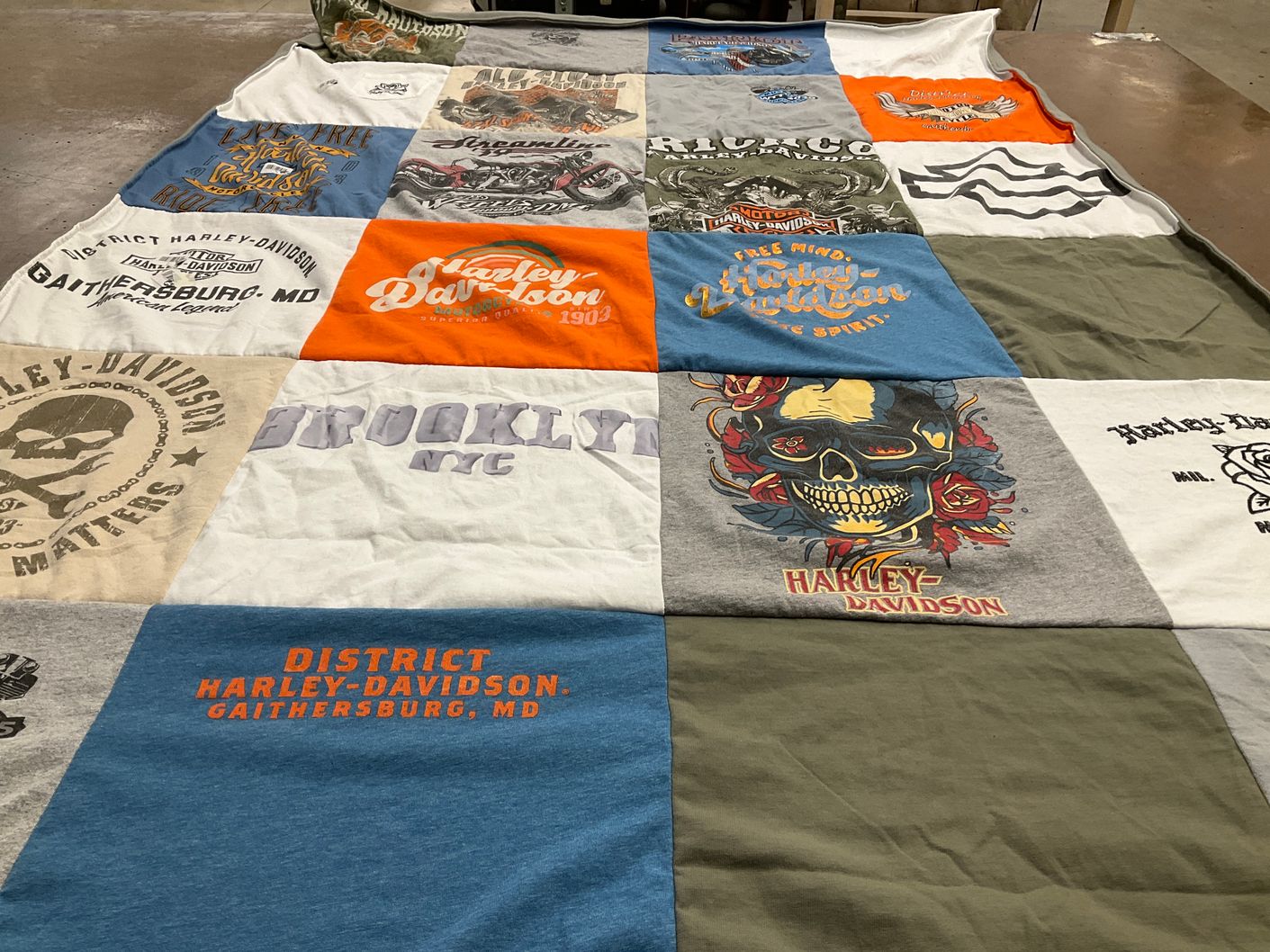 T-shirt quilt with motorcycles, biking themes by Marie from CA