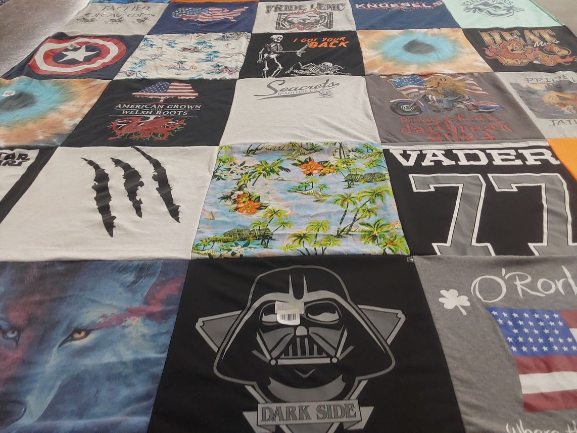 T-shirt quilt with star wars, music themes by Jo from PA