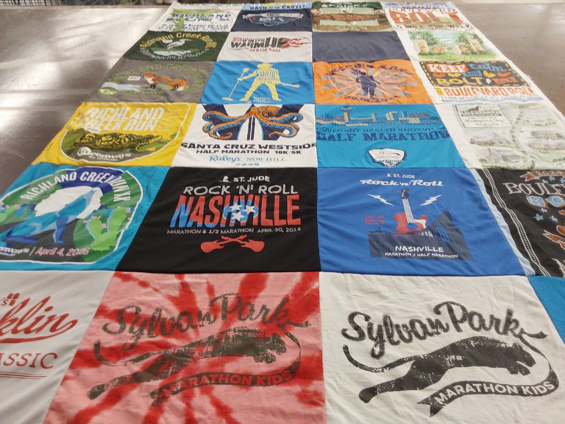 T-shirt quilt with running, marathons themes by Becca from TN