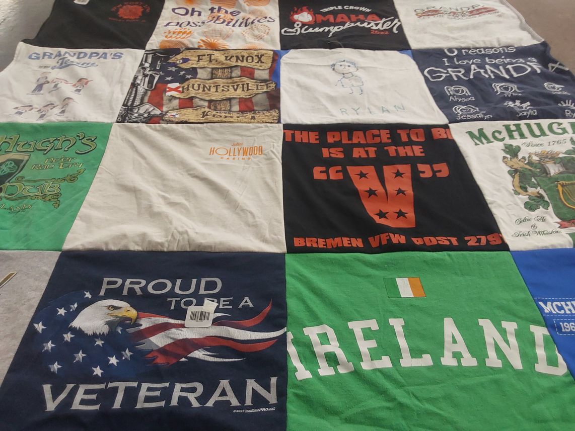 T-shirt quilt with veterans, gaming themes by terrence from IL