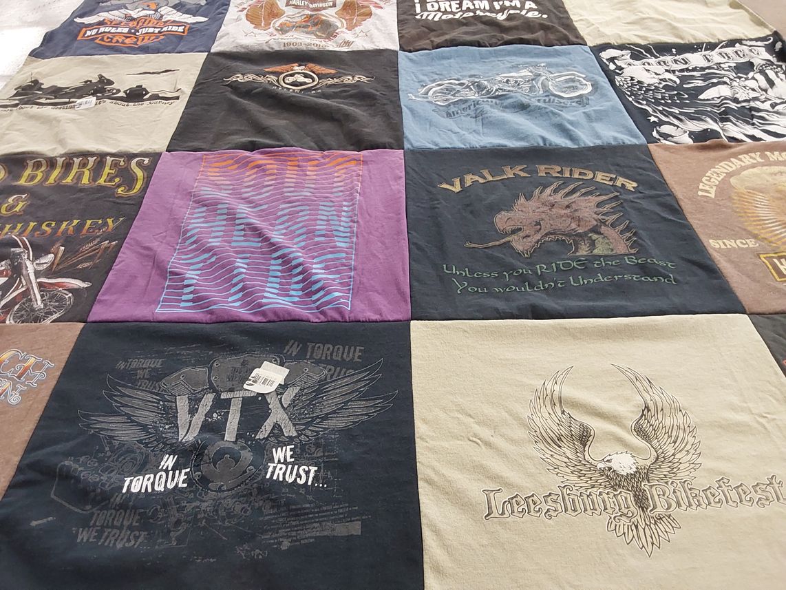 T-shirt quilt with motorcycles, biking themes by Antoinette from FL