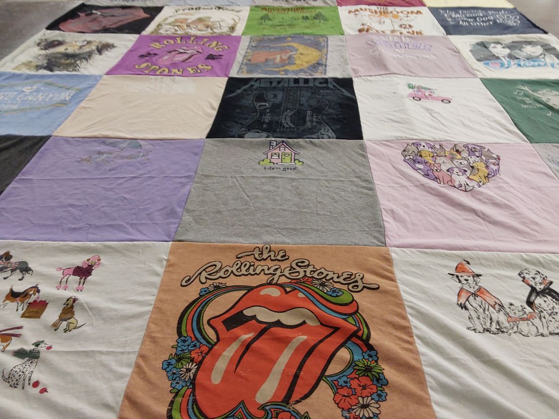 T-shirt quilt with music, animals themes by Rebecca from VA