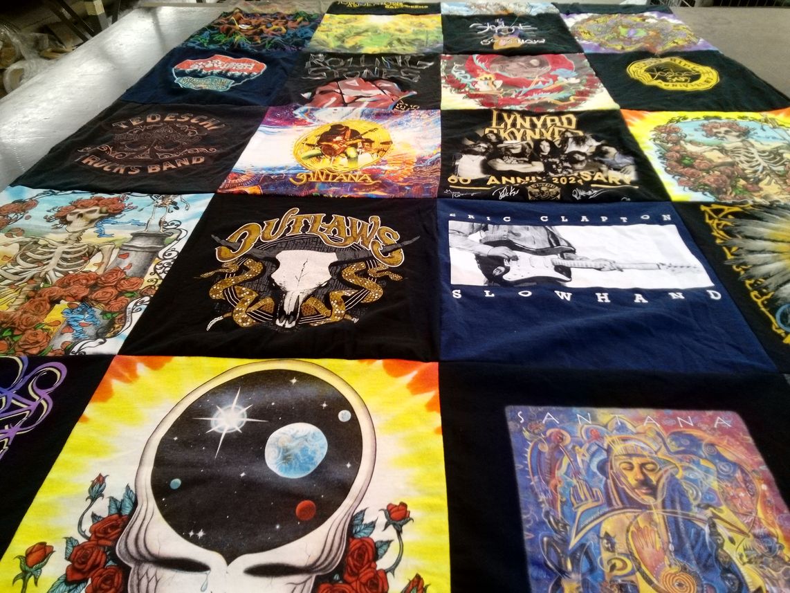 T-shirt quilt with music, rock themes by Laurie from NY