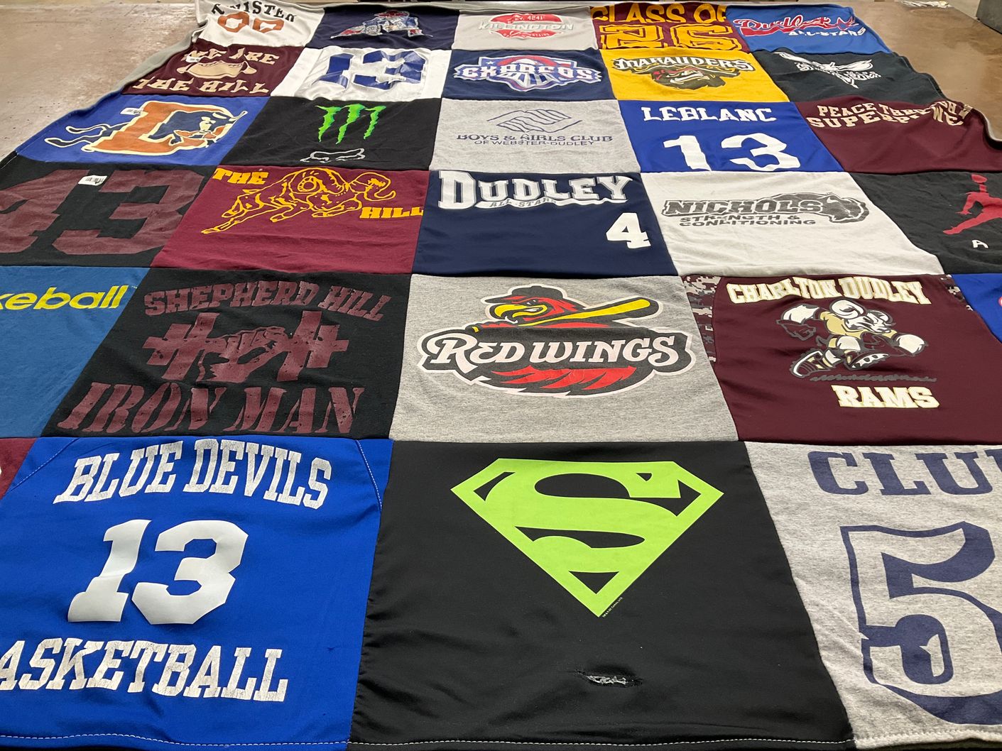T-shirt quilt featuring blue devils basketball, red wings by Tina from MA