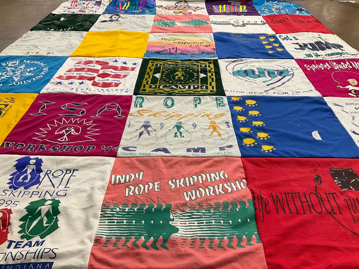 T-shirt quilt with rope skipping, gymnastics themes by Candace from IN