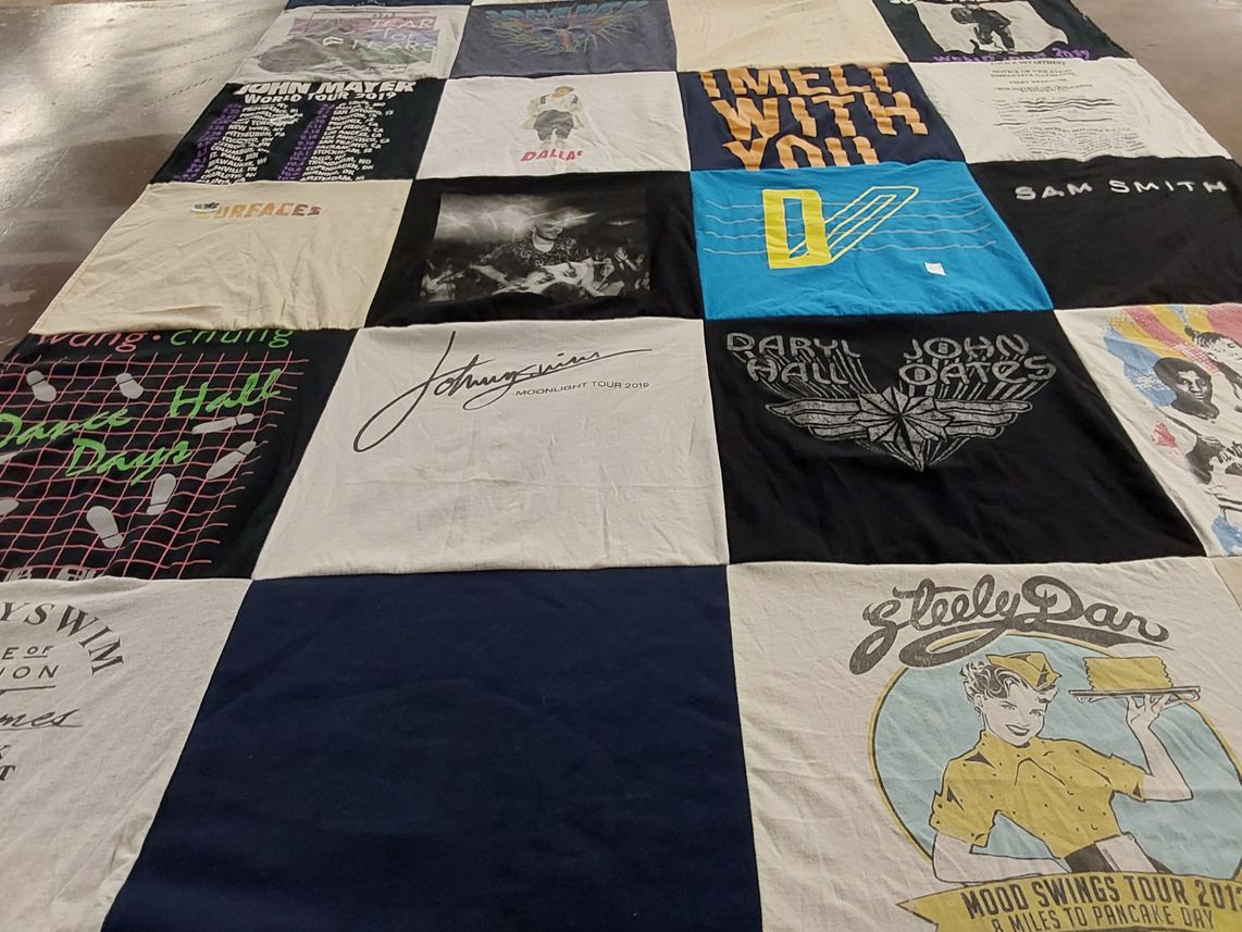 T-shirt quilt with music, concerts themes by Carson from TX
