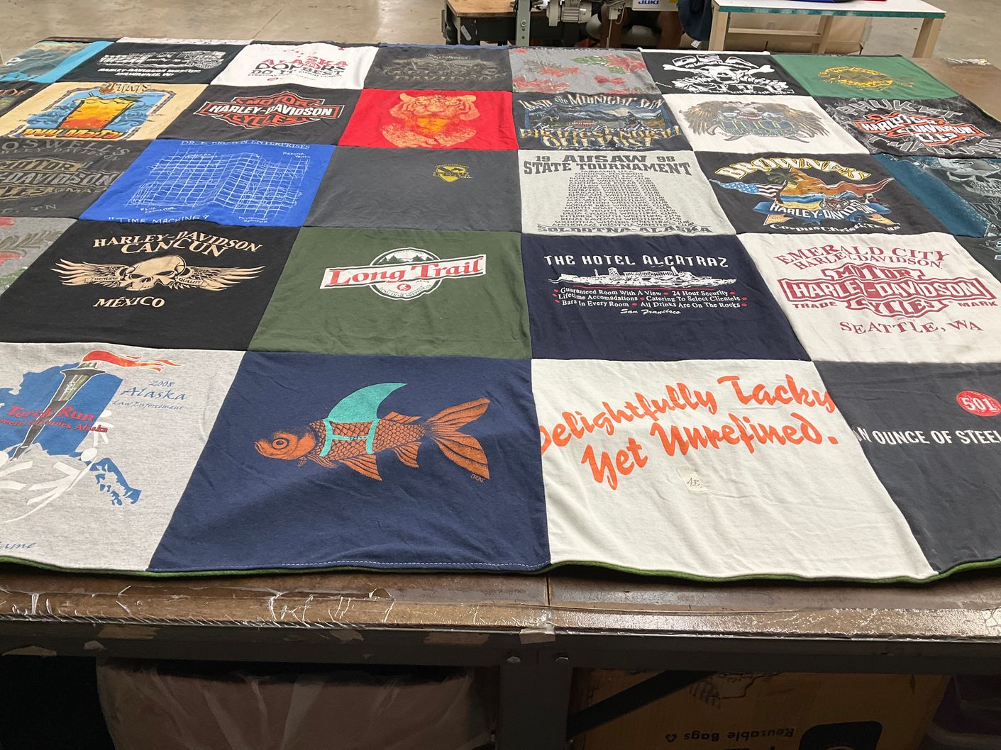 T-shirt quilt with motorcycles, travel themes by Krystal from NV