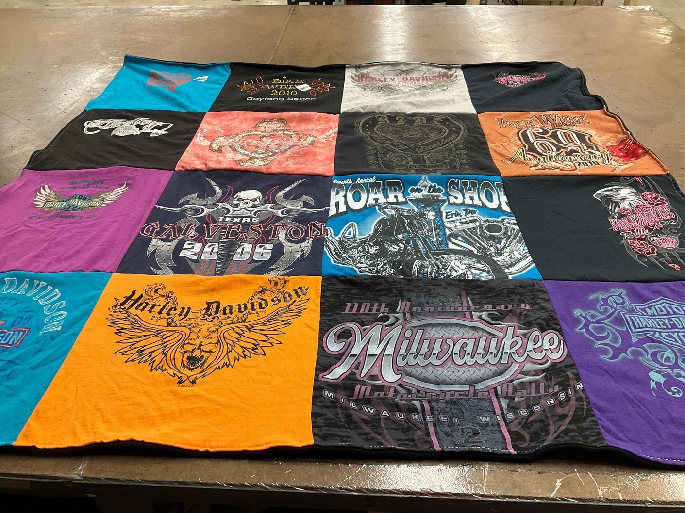 T-shirt quilt with motorcycles, biking themes by Sheri from IN