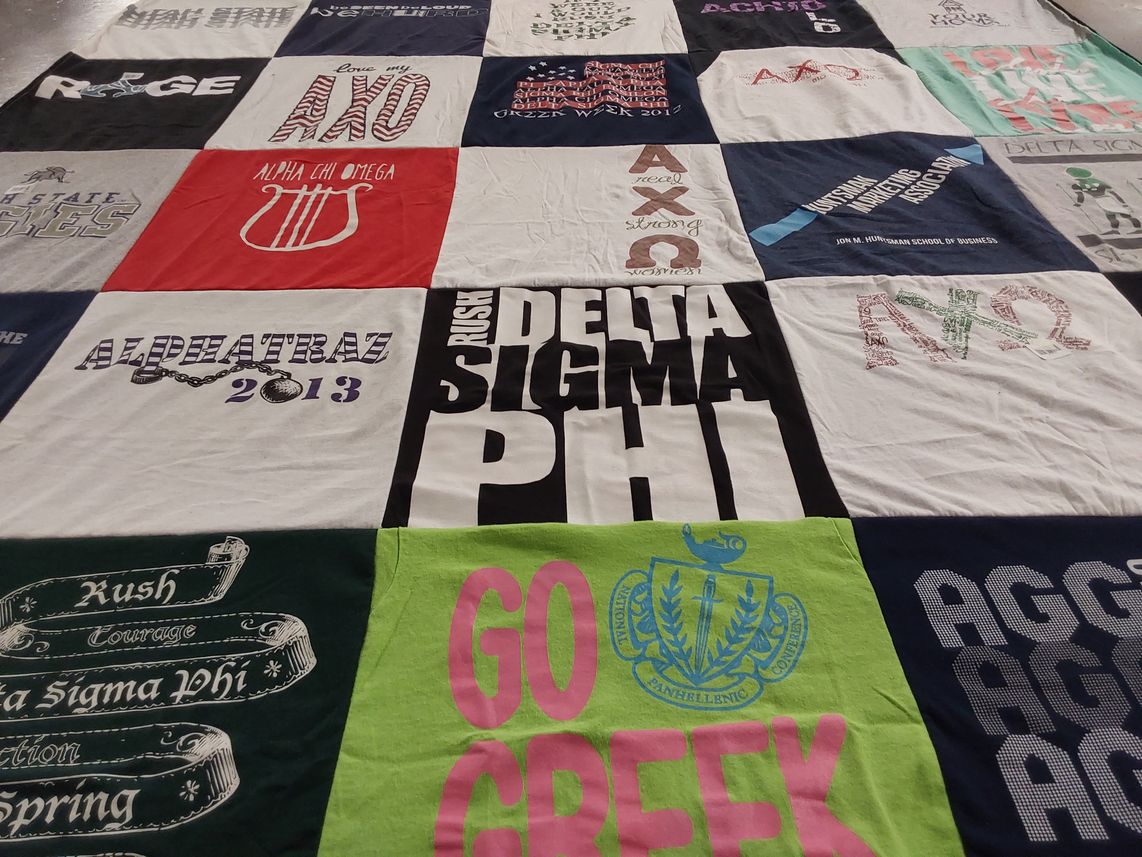 T-shirt quilt with sororities, fraternities themes by Mandy from TX